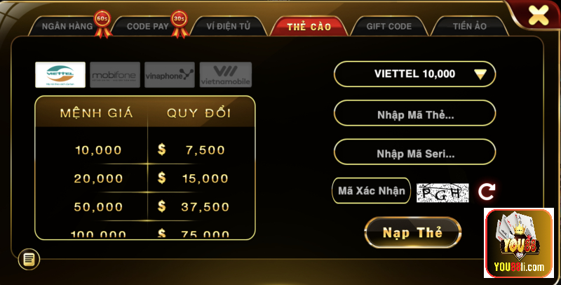 Ngoài ra cũng có thể nạp tiền qua thẻ cào